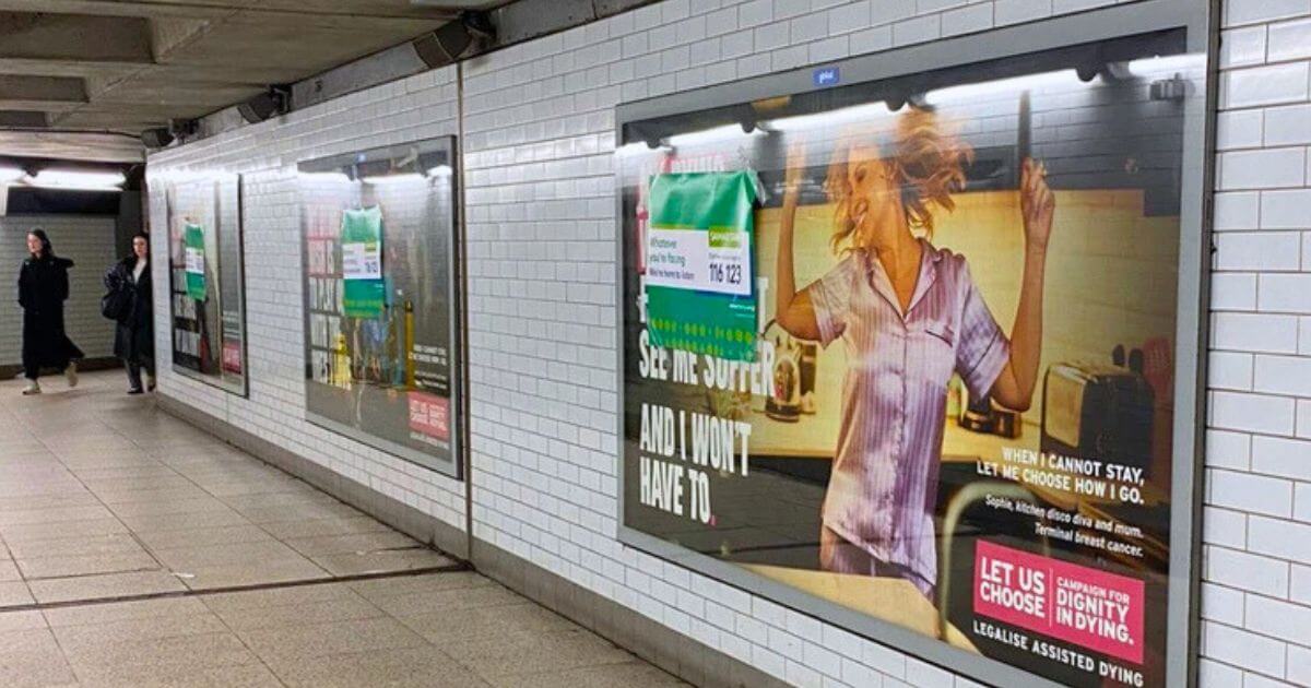 Assisted suicide ads covered with Samaritans suicide prevention messages