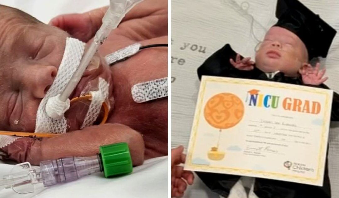 Premature baby boy leaves intensive care with graduation ceremony as he returns home after 127 days